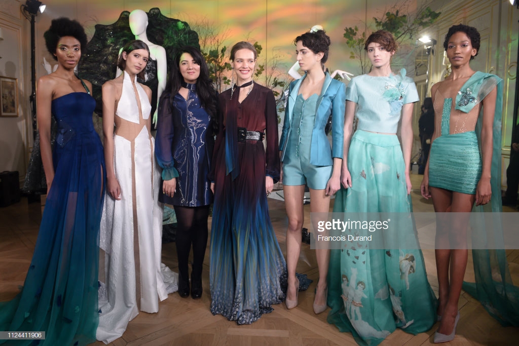 PARIS, FRANCE - JANUARY 22: Designer Gyunel Rustamova (3rd from left) and Natalia Vodianova (center) pose with models after Gyunel presentation at the Ritz Hotel on January 22, 2019 in Paris, France. (Photo by Francois Durand/Getty Images For Gyunel)